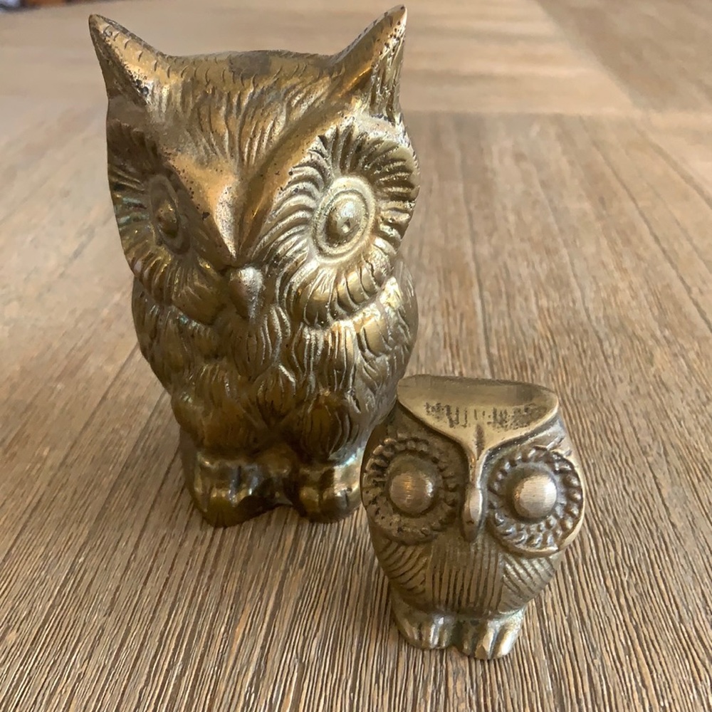 Vintage Set 2 Brass Owl Figurine Statue Distressed Home Decor Boho